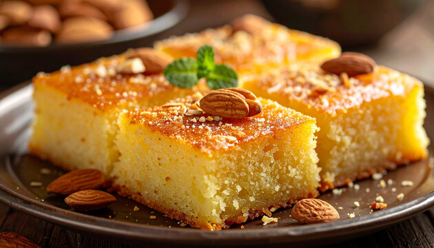 Traditional Semolina Cake Slices with Almonds and Mint