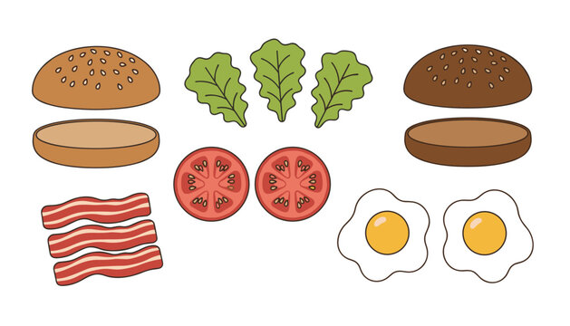 Burger and Breakfast Ingredients Set Isolated Vector Illustration