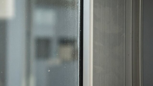 Window frame detail shows a textured metallic border and a glass surface with a blurry background for composition.