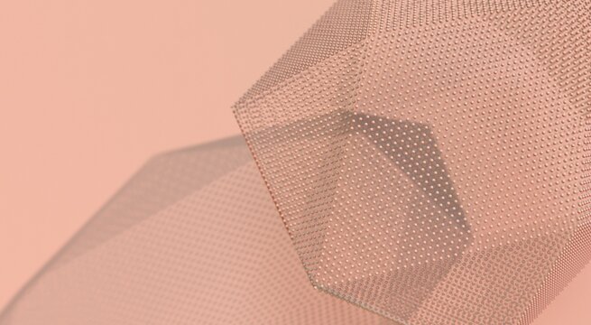 A minimalist arrangement features an icosahedron and tiny spheres.