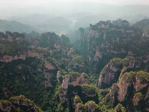 Aerial Panorama of the deep valleys in Zhangjiajie