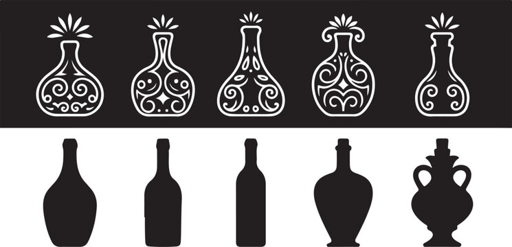 Collection of ornate decorative ancient amphorae bottles and ornate modern decorative bottles set.