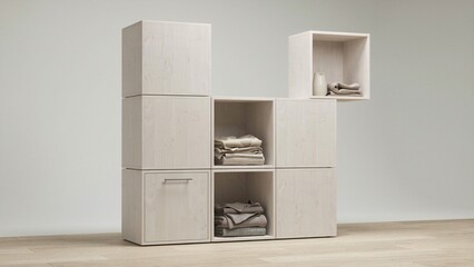 Fototapeta premium Storage unit composed of modular white wooden cubes provides flexible shelving for organizing folded textiles indoors.