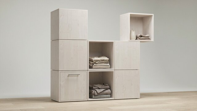 Storage unit composed of modular white wooden cubes provides flexible shelving for organizing folded textiles indoors.