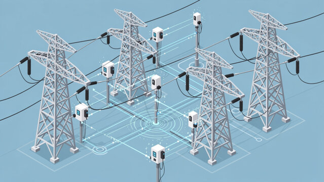 Electric power transmission towers and lines in a high voltage electrical grid with interconnected pylons and insulators