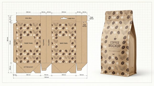 Coffee Pouch Packaging Dieline and 3D Mockup Template