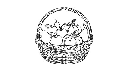 Fototapeta premium Outline Basket Full of Autumn Fruits and Pumpkins - Line Art