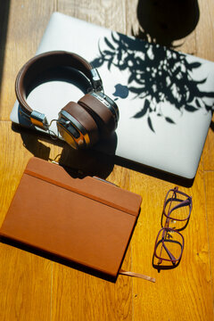 Bright workspace on a wooden table
