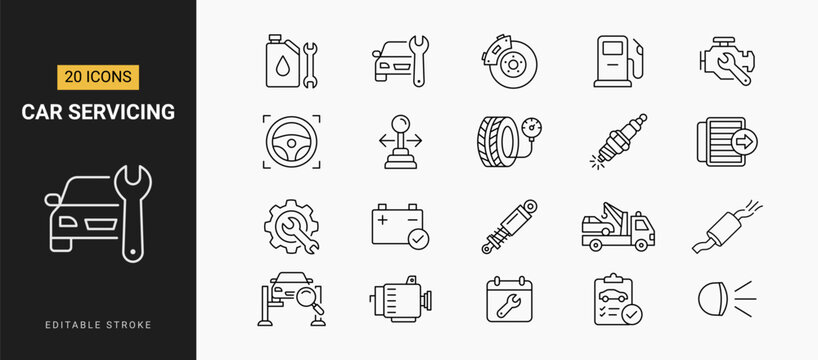 Car servicing icon set with auto repair maintenance mechanic tools and garage workshop symbols in line art style