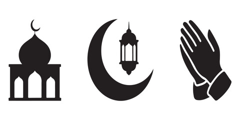 Three islamic theme icons including mosque dome crescent moon with hanging lantern and praying hands vector graphic. © MONSUR.99