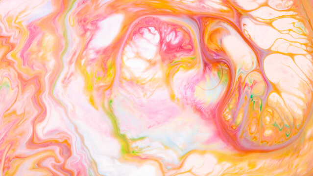 Colorful abstract marble pattern with pink orange and yellow swirls for creative design