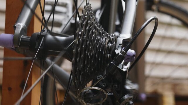 Detailed view of a modern bike drivetrain and cassette during maintenance