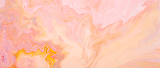 Fototapeta premium Soft pastel abstract background with pink peach and yellow swirling liquid marble pattern