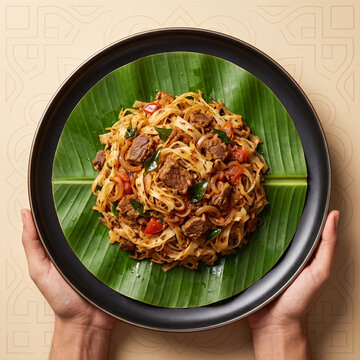 Beef Kothu Parotta Served on Banana Leaf Authentic South Indian Street Food with Spiced Beef and Curry Leaves