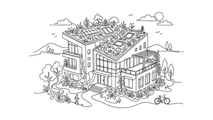 Obraz premium Line art illustration of a modern eco friendly house with solar panels and roof garden.