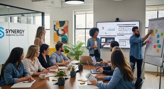 A diverse group of people in a modern office setting, engaged in a collaborative meeting with a large screen and a whiteboard, discussing business strategies.