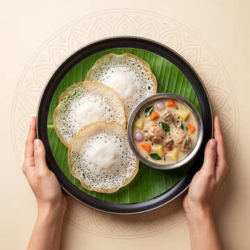 Appam with Chicken Stew Served on Banana Leaf in Black Plate, Traditional Tamil Nadu South Indian Breakfast Dish