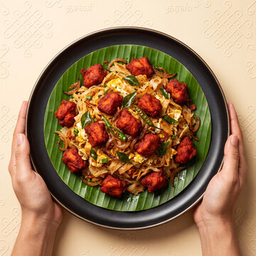Kothu Parotta with Chicken 65 Served on Banana Leaf in Black Plate, Traditional Tamil Nadu South Indian Street Food