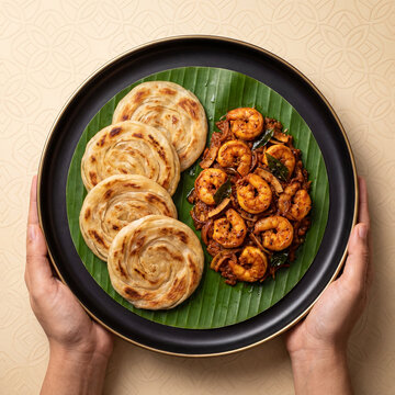 Parotta with Prawn Thokku Served on Banana Leaf in Black Plate, Traditional Tamil Nadu South Indian Seafood Dish