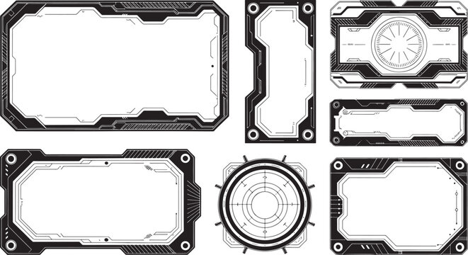 Futuristic HUD interface and sci-fi frames in a monochromatic palette for technology and gaming concepts