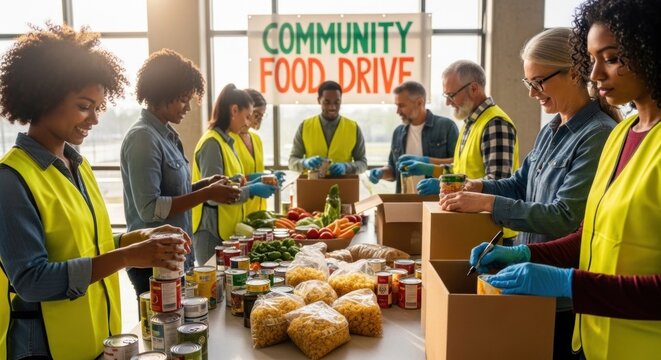 A group of volunteers wearing yellow vests and gloves, sorting and packing food in a community food drive.
