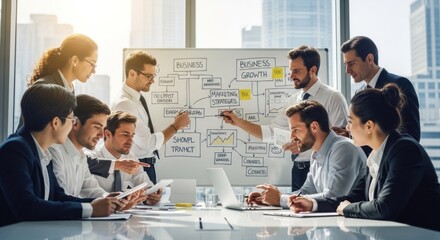 Fototapeta premium A diverse group of business professionals gathered around a whiteboard in a modern office setting, discussing a business strategy.