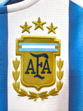 Buenos Aires, Argentina. June 18, 2026. Close-up of embroidered AFA crest with three stars on official national soccer team jersey.