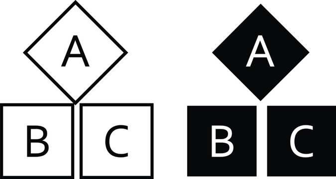 Educational ABC alphabet building blocks set featuring line art and solid black glyph vector icons for kids learning design