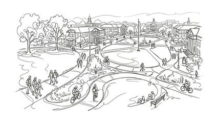 Fototapeta premium Line art sketch of a vibrant university campus quadrangle with students.