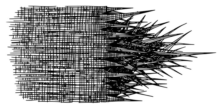 Dense cross hatched grid pattern transforming into sharp aggressive spikes abstract ink drawing