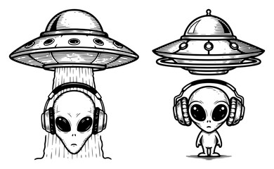 Extraterrestrial alien wearing headphones under flying saucer ufo in hand drawn sketch style © Wera