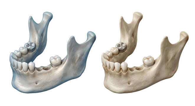 Forensic Dentistry and Post-Mortem Identification: 3D Render of a Human Mandible Jawbone, suitable for science education, isolated on white background