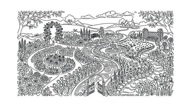 Detailed Hand Drawn Illustration of a Lush Secret Garden Landscape.