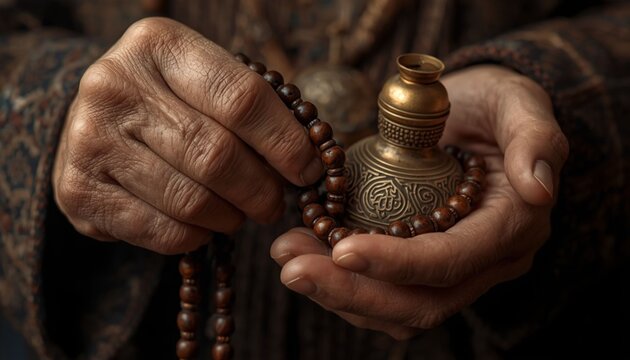 Ancient Sufi art style of old weathered hands holding wooden prayer beads and traditional brass flask, mystical spiritual illustration