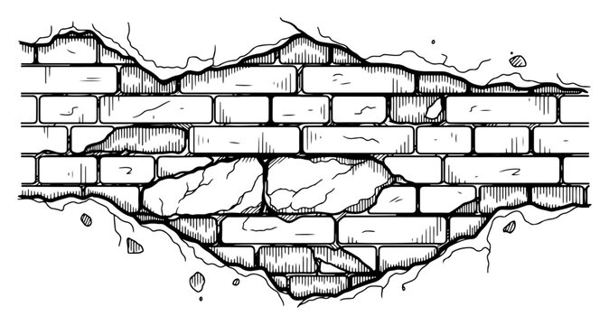 Broken brick wall with cracked plaster showing structural damage in detailed sketch style