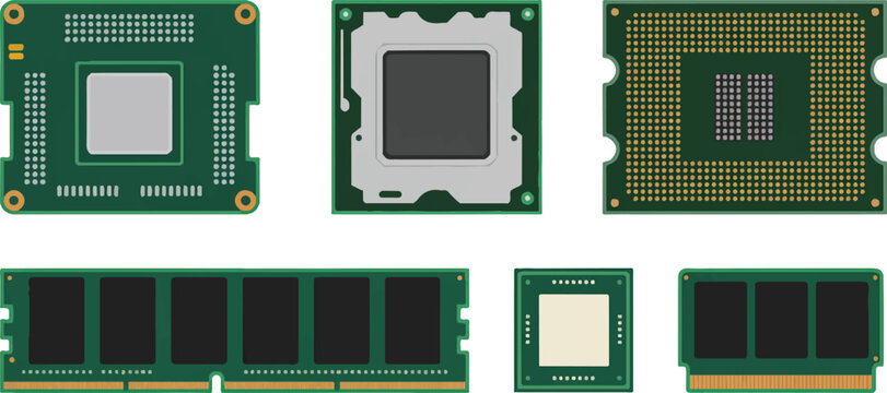 Electronic computer hardware components set featuring processor chips and memory ram sticks for personal desktop gaming systems.