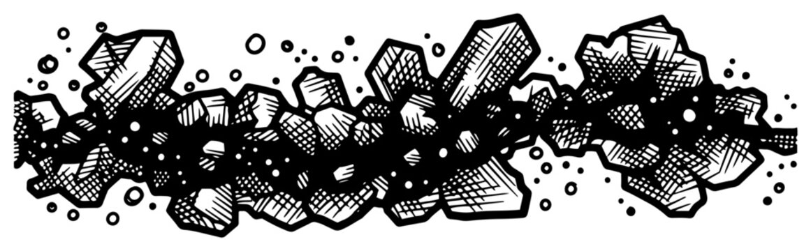 Dark crystalline mineral clusters with floating particles in detailed hatching style