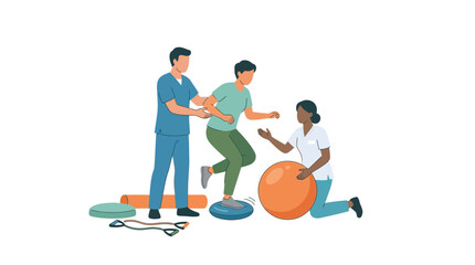 Fototapeta premium Physical Therapy Session with Patient Balancing on Exercise Equipment