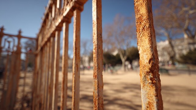 Rusty Iron Bars of a Vintage Fence against a Blue Sky Background