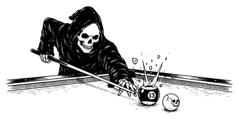 Obraz premium Grim Reaper playing billiards with skeleton hands and skull ball in detailed sketch style