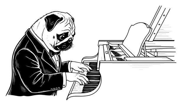 Pug dog in formal suit playing grand piano in hand drawn ink sketch style
