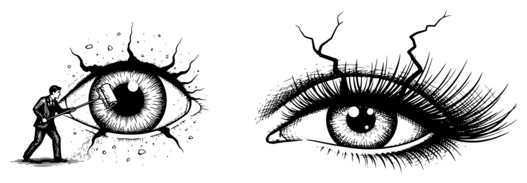 Surreal eyes with cracks and man cleaning vision conceptual engraving style