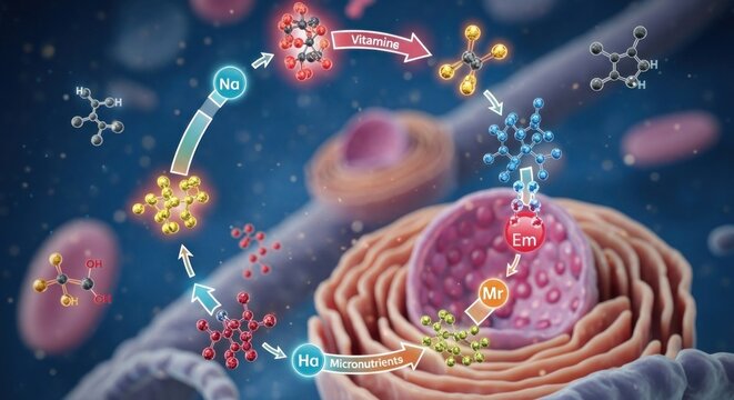 A diagram illustrating the absorption of nutrients by the human body, with various molecules and structures depicted.