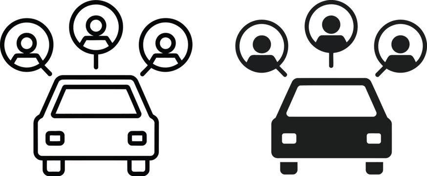 Carpool Share Icons Featuring Outline Pictograms for Ride Sharing, Transportation Services, and Commuting Applications