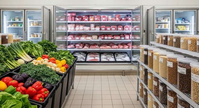 A well-organized grocery store with fresh produce and meat products on display.