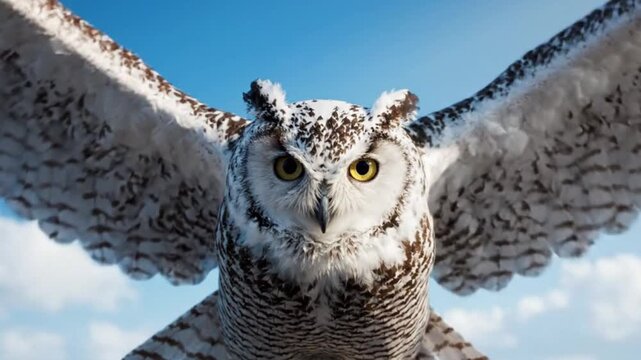 Snowy owl in flight with wings spread wide against a blue sky with clouds