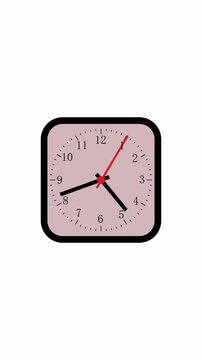 Square clock animation with red second hand. Square clock analog time display. Square clock technology interface graphic on black background for time.