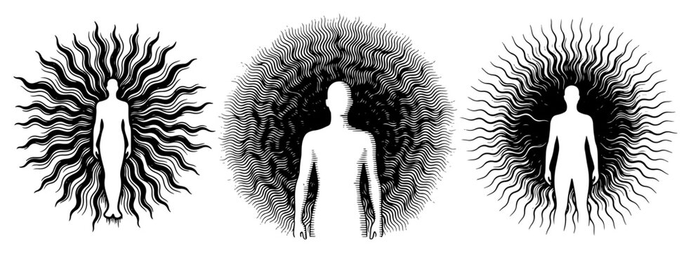 Human silhouettes with radiating energy auras in mystical engraving style