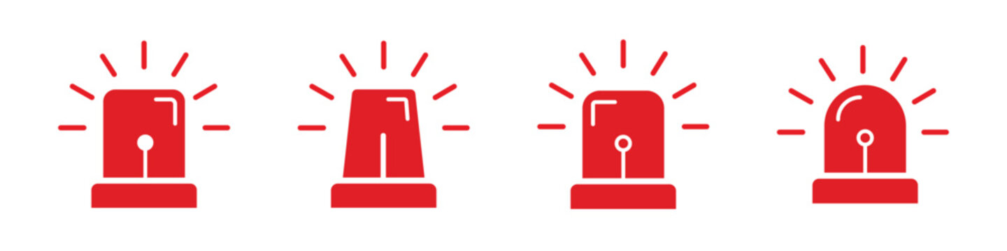 Vector icons of alarm flashers in red and black, representing emergency alerts, warnings, and security systems. Ideal for use in safety, security, and emergency response designs.