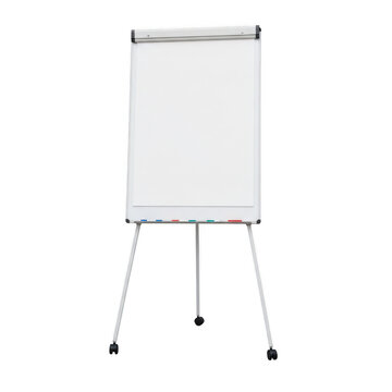 White flip chart stand with empty board and legs isolated on transparent background